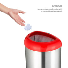 Stainless steel trash can with red open top and visible inner rim