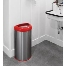 Red-and-silver stainless steel open-top trash can standing indoors
