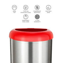 Stainless steel trash can with red rounded open-top lid