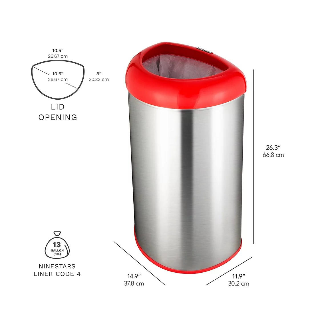 Nine Stars 13.2-Gal. Stainless Steel Open Top Trash Can - Red