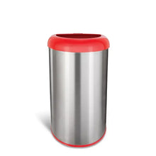 Stainless steel trash can with red lid and open top, front view