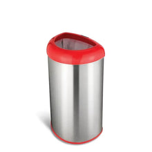 Stainless steel trash can with red open-top lid and dark inner opening