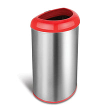 Red and silver stainless steel open-top trash can with rounded lid