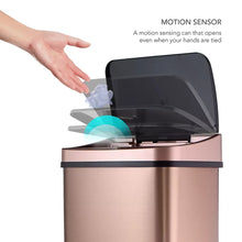 Gold stainless steel sensor trash can with open lid and motion-sensor panel
