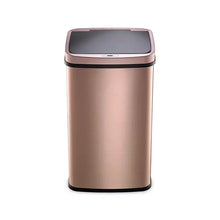 Gold-tone stainless steel sensor trash can with closed lid, front view
