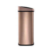 Gold-tone stainless steel sensor trash can angled view with partially open lid