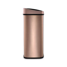 Gold stainless steel sensor trash can, side view with black-trimmed lid edge