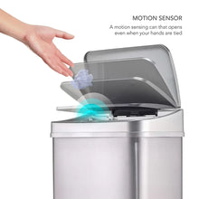 Stainless steel sensor trash can with open lid and motion-sensor opening, silver