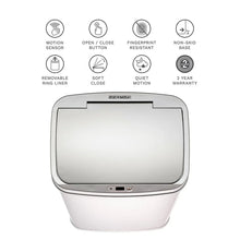 Silver stainless steel sensor trash can lid with feature icons for motion sensor and fingerprint.