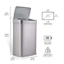 Stainless steel sensor trash can with size diagram and 13-gal liner capacity info