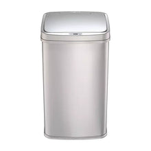Silver stainless steel sensor trash can, front view with closed lid.