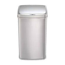 Stainless steel sensor trash can with closed lid and small indicator buttons, silver