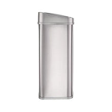 Stainless steel sensor trash can side view with curved lid and seam detail, silver