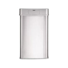 Stainless steel sensor trash can back view with carry handle and closed lid, silver