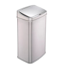 Stainless steel sensor trash can with curved lid and front control panel, silver