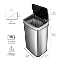 Stainless steel sensor trash can with open lid and visible empty interior