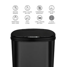 Black sensor trash can with closed lid and central control buttons on top