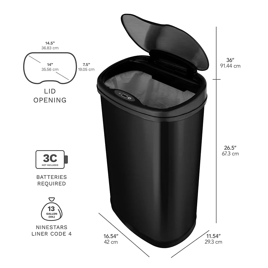 Nine Stars 13.2-Gal. Stainless Steel Sensor Trash Can - Black