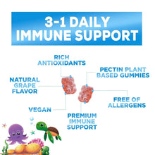 Infographic panel: 3-1 daily immune support, vegan pectin plant gummies, free of allergens