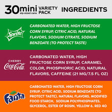 30 mini variety pack ingredients panel with Sprite, Cherry Coca-Cola, and Fanta