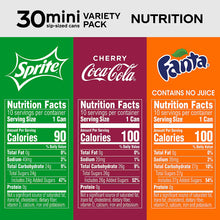 30 mini variety pack nutrition facts panel for Sprite, Cherry Coca-Cola, and Fanta