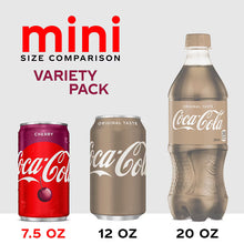 Mini variety pack size comparison showing 7.5 oz Coca-Cola mini can and bottle