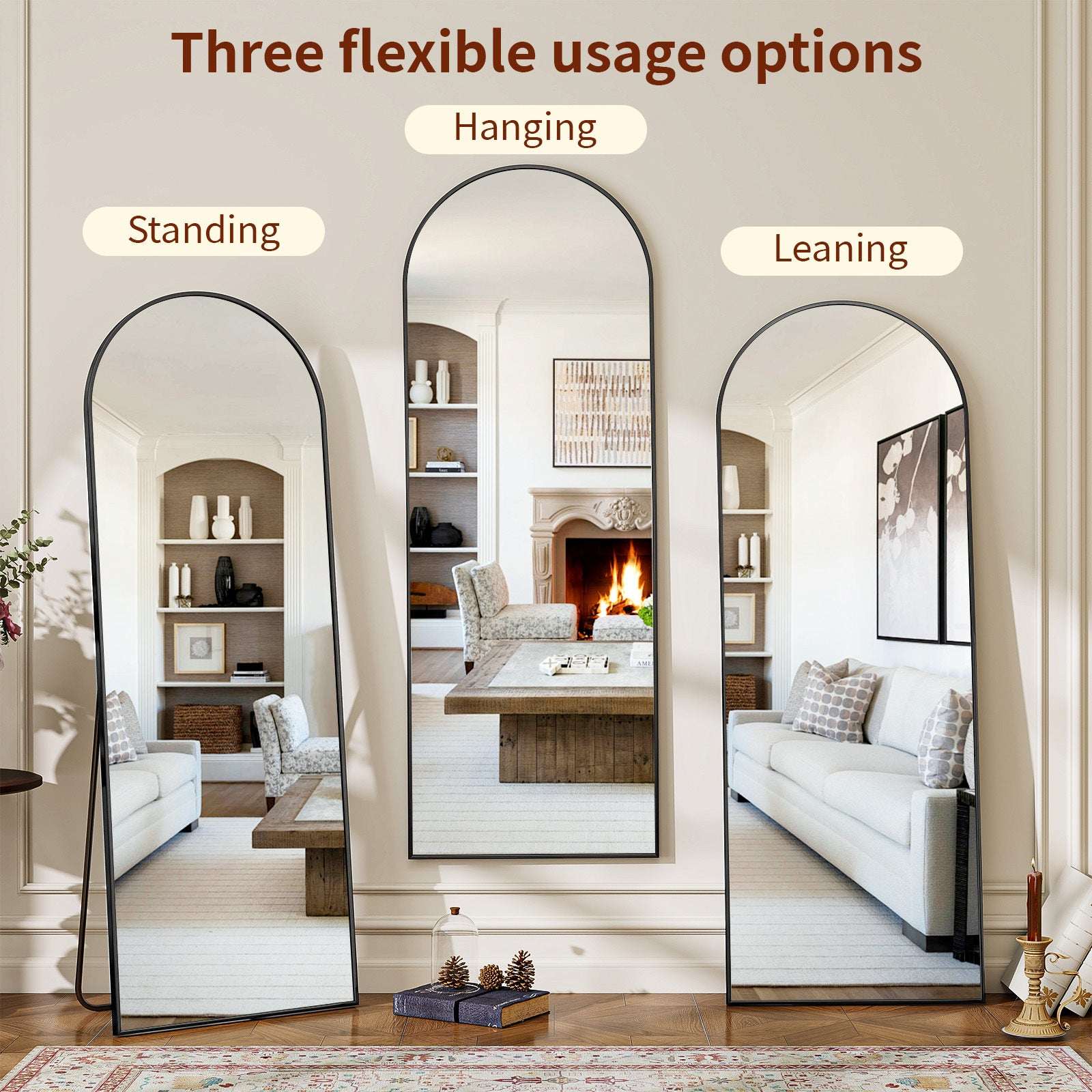 SEETHRUGLIMMER 64"x21.2" Arched Full Length Mirror Wall-Mounted Floor Mirror with Stand, Black