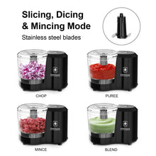 Black electric food chopper with multiple chopping and blending bowl setups