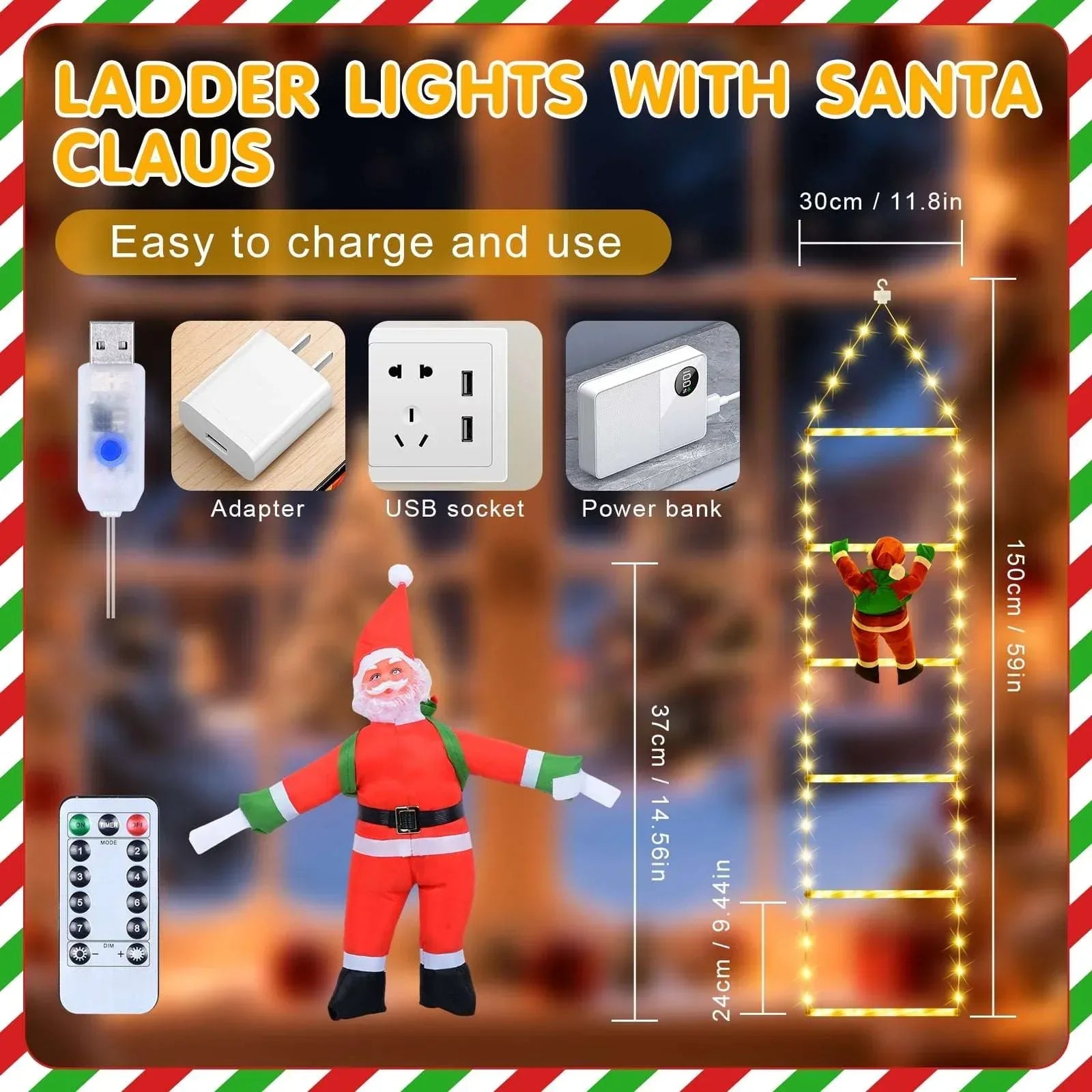 Fohil Christmas Lights, Novelty LED Ladder Lights with Climbing Santa, Christmas Decorations Indoor Outdoor, USB Rechargeable 8 Mode, Home Wall Door Decor - USA MEGA SHOP