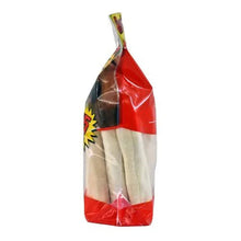Beefhide dog chew bag holding several white rawhide sticks
