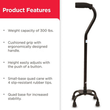 Height-adjustable quad walking cane with cushioned grip and quad rubber tips
