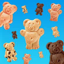 Assorted teddy graham cookies in golden and brown tones with chocolate chips