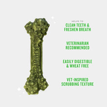 Green dental bone chew with Minties text, knobby texture