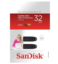 SanDisk 32GB Ultra USB 3.0 flash drive 2-pack packaging, red and gray