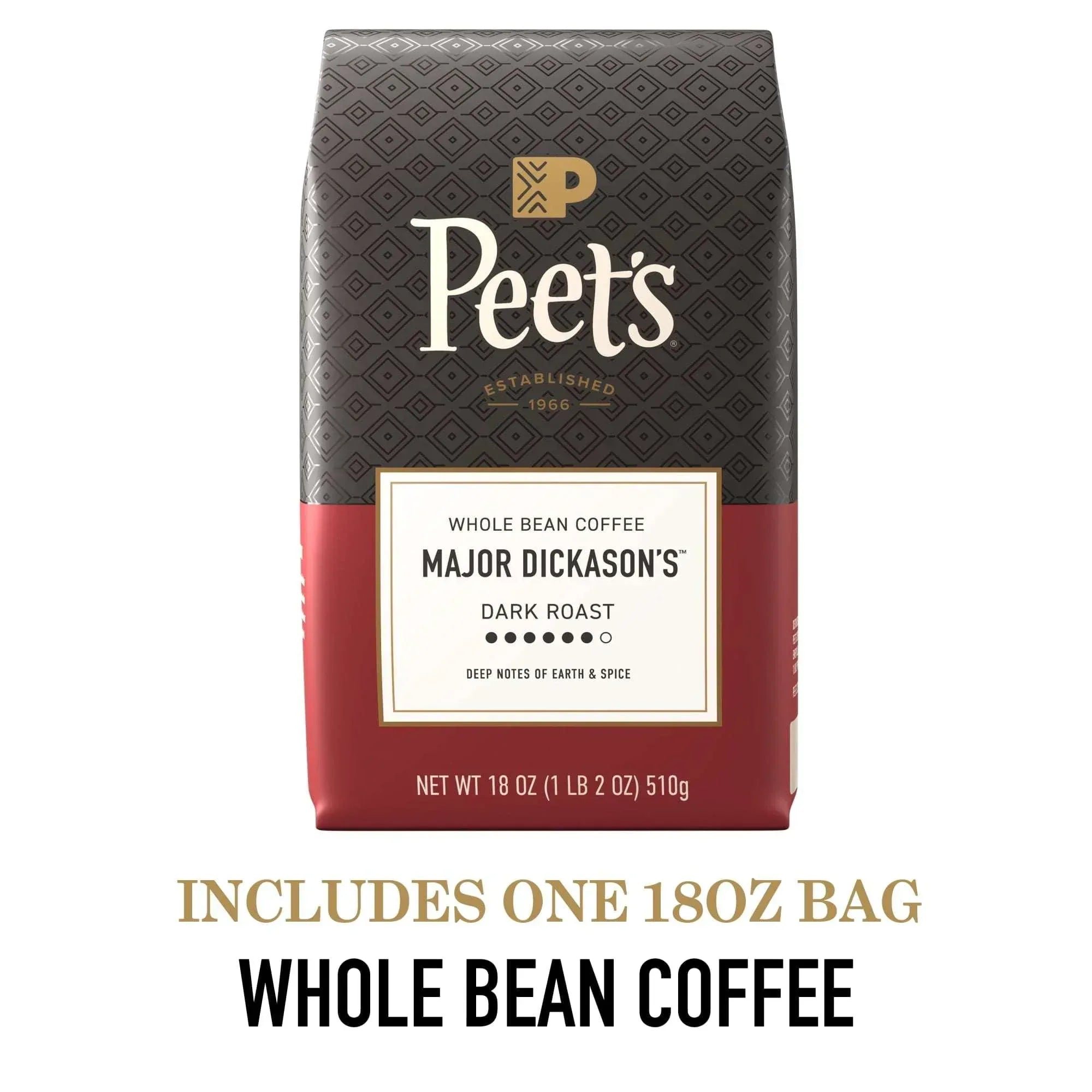 Peet's Coffee Major Dickason's Blend Premium Dark Roast Whole Bean Coffee, Arabica, 18 oz