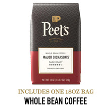 Whole bean coffee bag, dark roast, Peet's label, 18 oz net