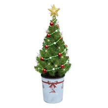 Small tabletop Christmas tree with golden star, red ornaments, white lights, printed pot