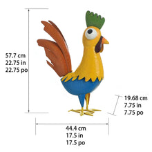 Metal chicken yard stake, approx. 44.4cm wide, 57.7cm tall; green comb yellow blue