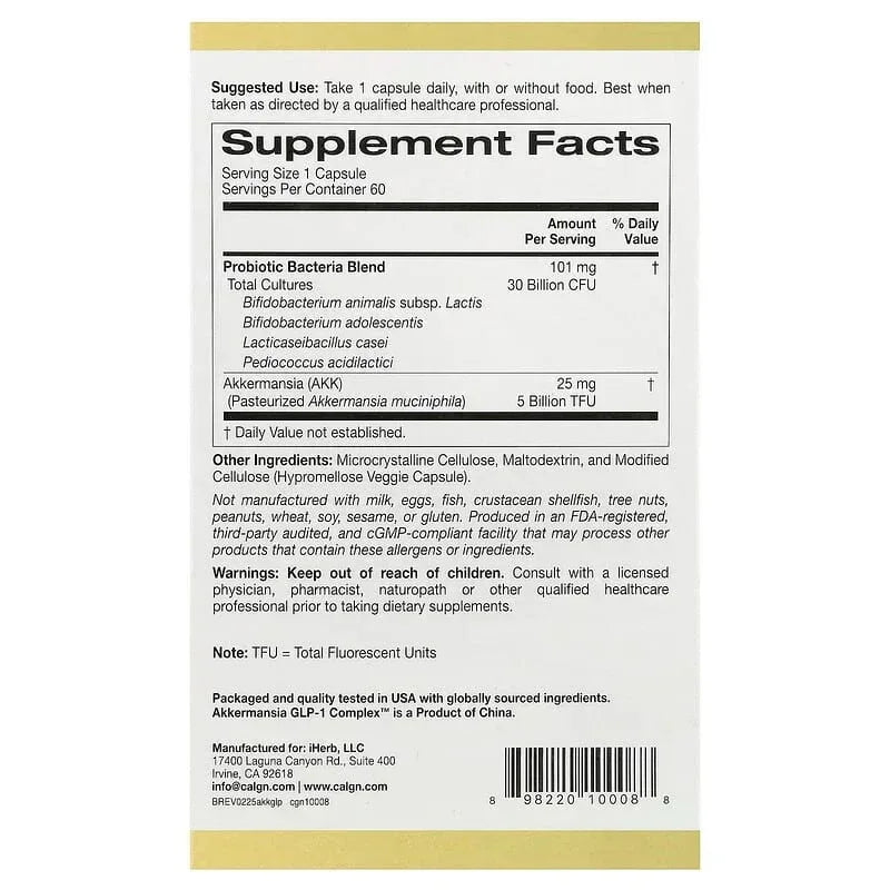 California Gold Nutrition, Akkermansia + Probiotics GLP-1 Complex, 60 Veggie Capsules