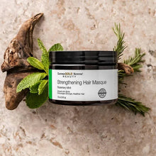 Hair masque jar with rosemary mint sprigs and leaves beside the jar