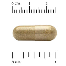 Gold-brown veggie supplement capsule with measurement scale