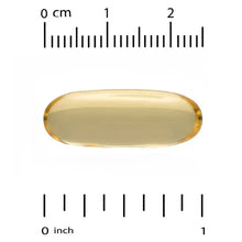 Norwegian omega-3 fish oil softgel capsule, translucent yellow, size scale