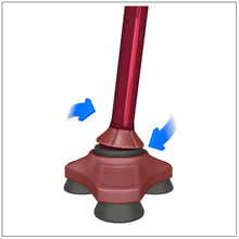 Folding cane base showing wide multi-foot design and stability arrows