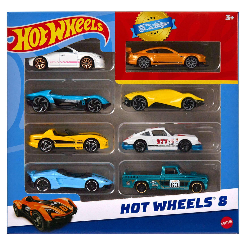 Hot Wheels Set of 8 Basic Toy Cars & Trucks in 1:64 Scale Including 1 Exclusive Car, Styles May Vary - USA MEGA SHOP