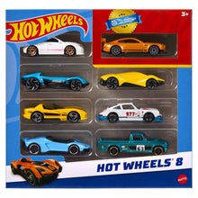 Hot Wheels 1:64 toy car set of 8 cars and trucks, blister pack with orange and blue cars