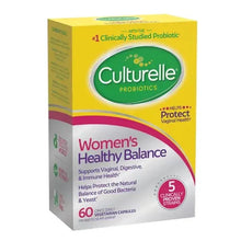Culturelle Women’s Healthy Balance probiotic capsules box, yellow with green logo, 60 vegetarian