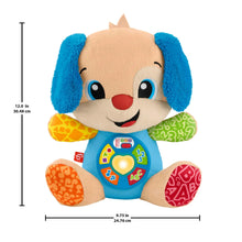 Blue-eared plush puppy with learning panel and colorful textured feet