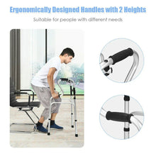 Medical walker with ergonomic black handles and adjustable handle heights, silver frame.