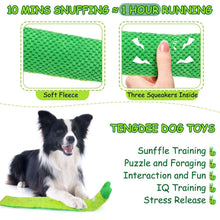 Green crocheted rolled snuffle dog toy with cactus face end and plush texture.