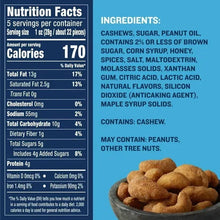 PLANTERS cashews snack bag nutrition facts and ingredient list (close-up)